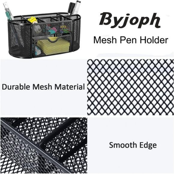 Black mesh pen holder desk organizer with drawer pencil and marker storage caddy - Picture 6 of 8